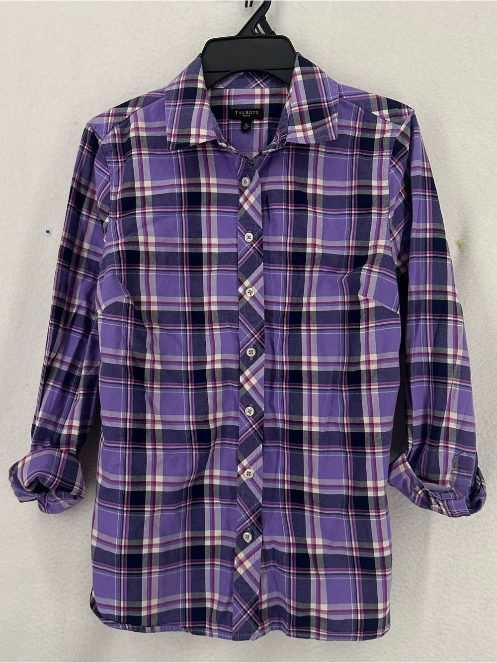 Talbots Plaid Button Front Shirt Women SP Purple Long Sleeve Cotton Top